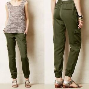 Anthropologie Elevenses Cargo Pants Size 12 Moss Green Joggers Aubrey Satin